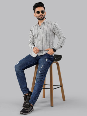 Arth Enterprise Men Striped Casual Grey Shirt
