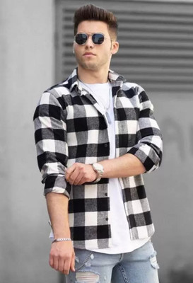 vken bund Men Checkered Casual Black Shirt