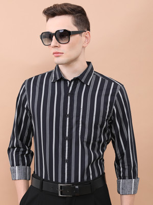 HIGHLANDER Men Striped Beach Wear White, Dark Blue Shirt