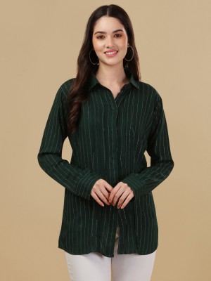 luzumbez Women Striped Casual Dark Green, White Shirt