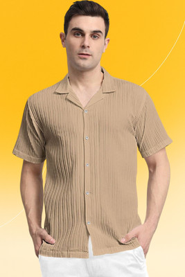 A DEEMOON TREND Men Self Design Casual Cream Shirt