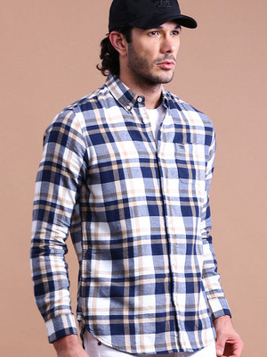 THE BEAR HOUSE Men Checkered Casual Beige, Dark Blue, White Shirt