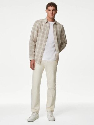MARKS & SPENCER Men Checkered Casual Beige Shirt