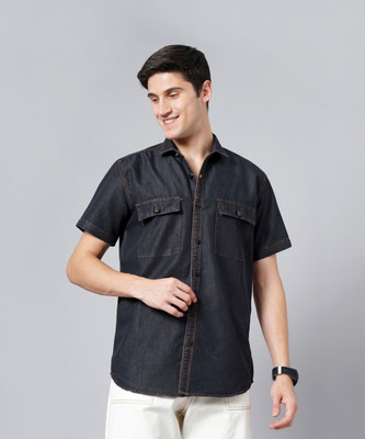 GRANDSTITCH Men Washed Casual Black Shirt