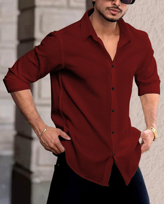 JACKBELLA Men Solid Casual Maroon Shirt