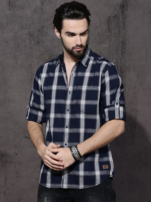 Roadster Men Checkered Casual Dark Blue, White Shirt