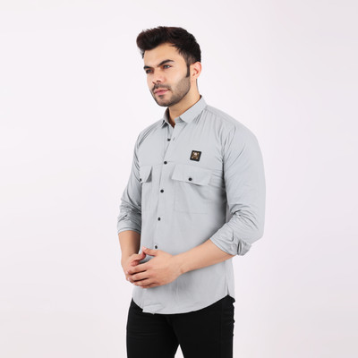 Lionies Men Solid Casual Grey Shirt