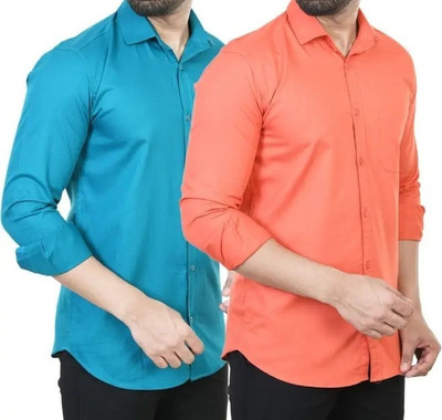 Hansroop Men Solid Casual Orange, Blue Shirt(Pack of 2)