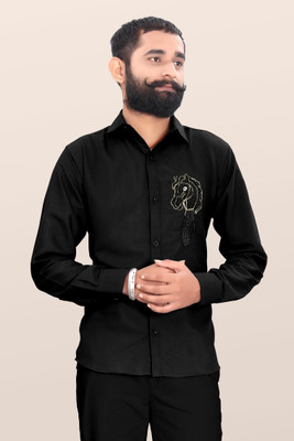 Tkgfashion Men Embroidered Party Black Shirt