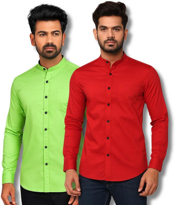 MAHIRAN Men Solid Casual Light Green, Red Shirt(Pack of 2)