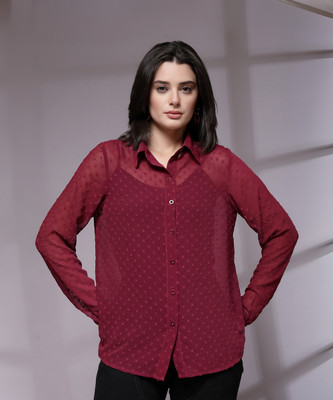 KASSUALLY Women Self Design Party Maroon Shirt