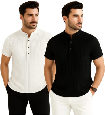 METRONAUT Men Self Design Casual White, Black Shirt(Pack of 2)
