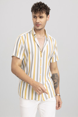 Snitch Men Striped Casual Grey Shirt