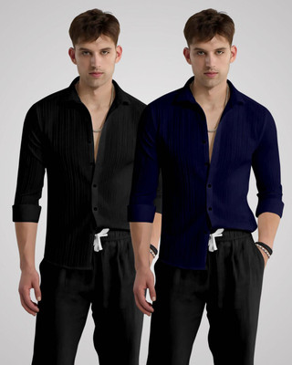 kruze Men Self Design Casual Black, Dark Blue Shirt(Pack of 2)