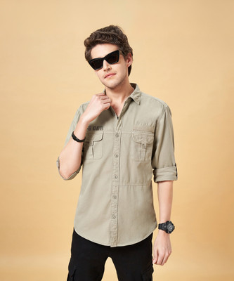 PEOPLE Men Solid Casual Khaki Shirt