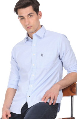 U.S. POLO ASSN. Men Self Design Casual Blue Shirt