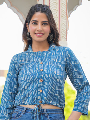 Yash Gallery Women Printed Casual Blue, White Shirt