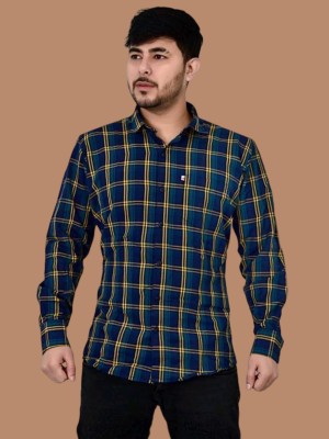 Marc Laurent Men Checkered Casual Dark Blue, Yellow, Blue Shirt