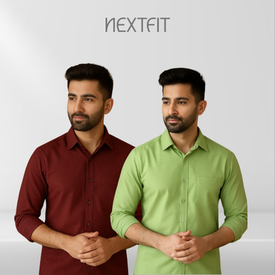 Nextfit Men Solid Casual Green, Maroon Shirt(Pack of 2)