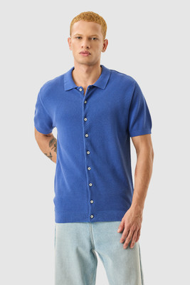 Snitch Men Self Design Casual Blue Shirt