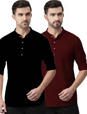 Navkanj Men Solid Asymmetric Kurta(Maroon)