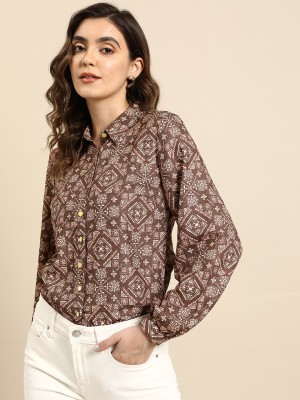 all about you Women Printed Casual Brown Shirt