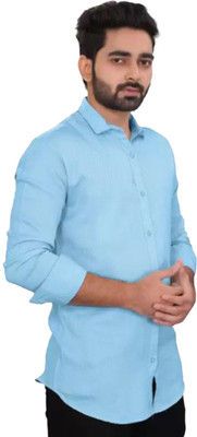FAVNIC Men Solid Casual Light Blue Shirt