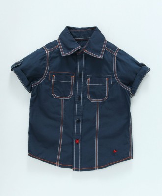 KiddoPanti Boys Embroidered Casual Dark Blue Shirt