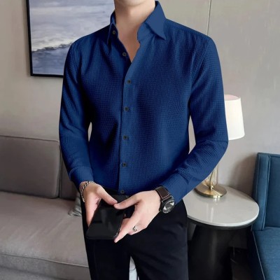 Black Deer Men Self Design Casual Dark Blue Shirt