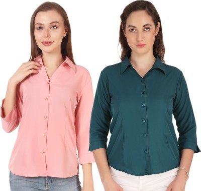 Giggles Women Solid Formal Green, Pink Shirt(Pack of 2)