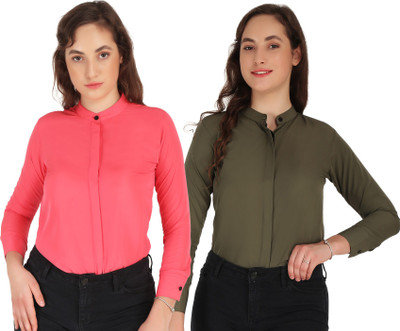 SHANAYA MODA Women Solid Casual Dark Green, Pink Shirt(Pack of 2)