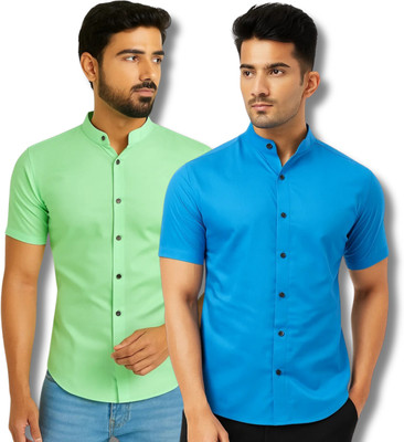 CROWNTAIL Men Solid Casual Light Green, Blue Shirt(Pack of 2)