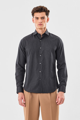 Snitch Men Striped Formal Black Shirt
