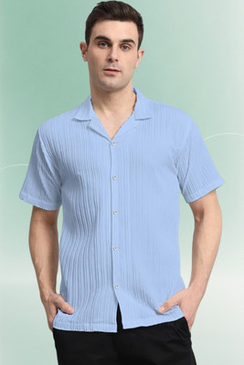 A DEEMOON TREND Men Striped, Self Design, Solid Casual Light Blue Shirt