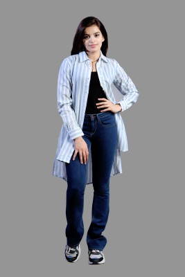 ADDICTED ATTIRE Women Striped Casual White, Light Blue Shirt