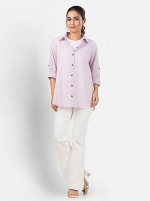 Crazy Needle Women Solid Casual Purple Shirt