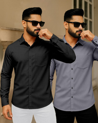 AITAVIKOVERSEAS Men Solid Casual Black, Grey Shirt(Pack of 2)