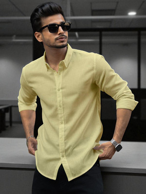 Yanthhi Men Solid Casual Yellow Shirt