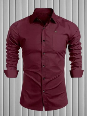 MUMIN Men Self Design Formal Maroon Shirt