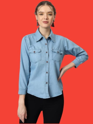 Wingzss Women Solid Casual Blue Shirt