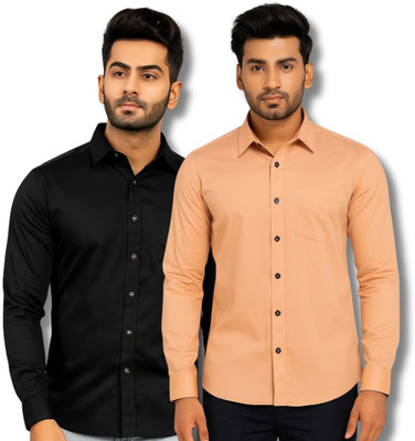 VIMASUTI Men Solid Casual Black, Orange Shirt(Pack of 2)