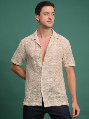 Voroxy Men Striped Casual Cream Shirt