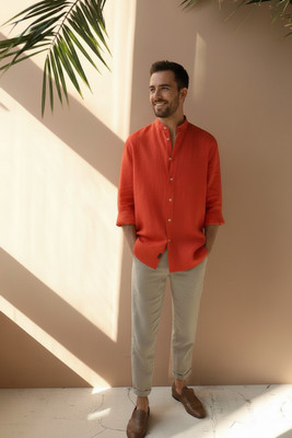 Dhakre fashion Men Solid Casual Orange Shirt