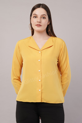 Glitter Fashion Women Solid Casual Yellow Shirt