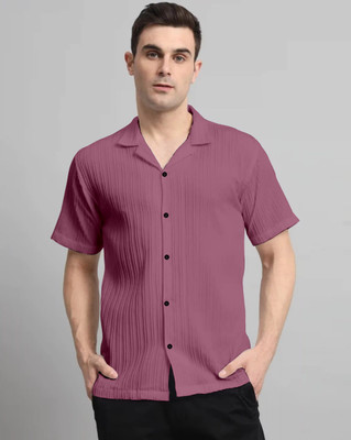 kruze Men Self Design, Striped Casual Pink Shirt