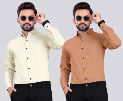 S.K. CASUAL Men Solid Casual Cream, Orange Shirt(Pack of 2)