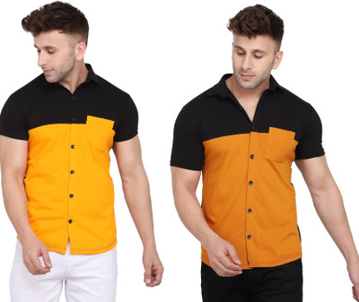 BEYOU FASHION Men Solid Casual Black, Yellow Shirt(Pack of 2)