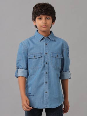 Under Fourteen Only Boys Self Design Casual Blue Shirt