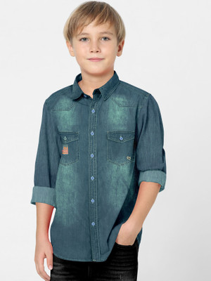 FABFARM Boys Washed Casual Green Shirt