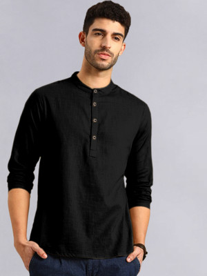 allan peter Men Solid Straight Kurta(Black)
